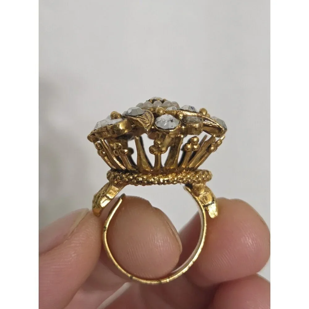 Vtg Florenza Ornate Gold Tone Rhinestone Faux Pearl Cocktail Ring Filigree
